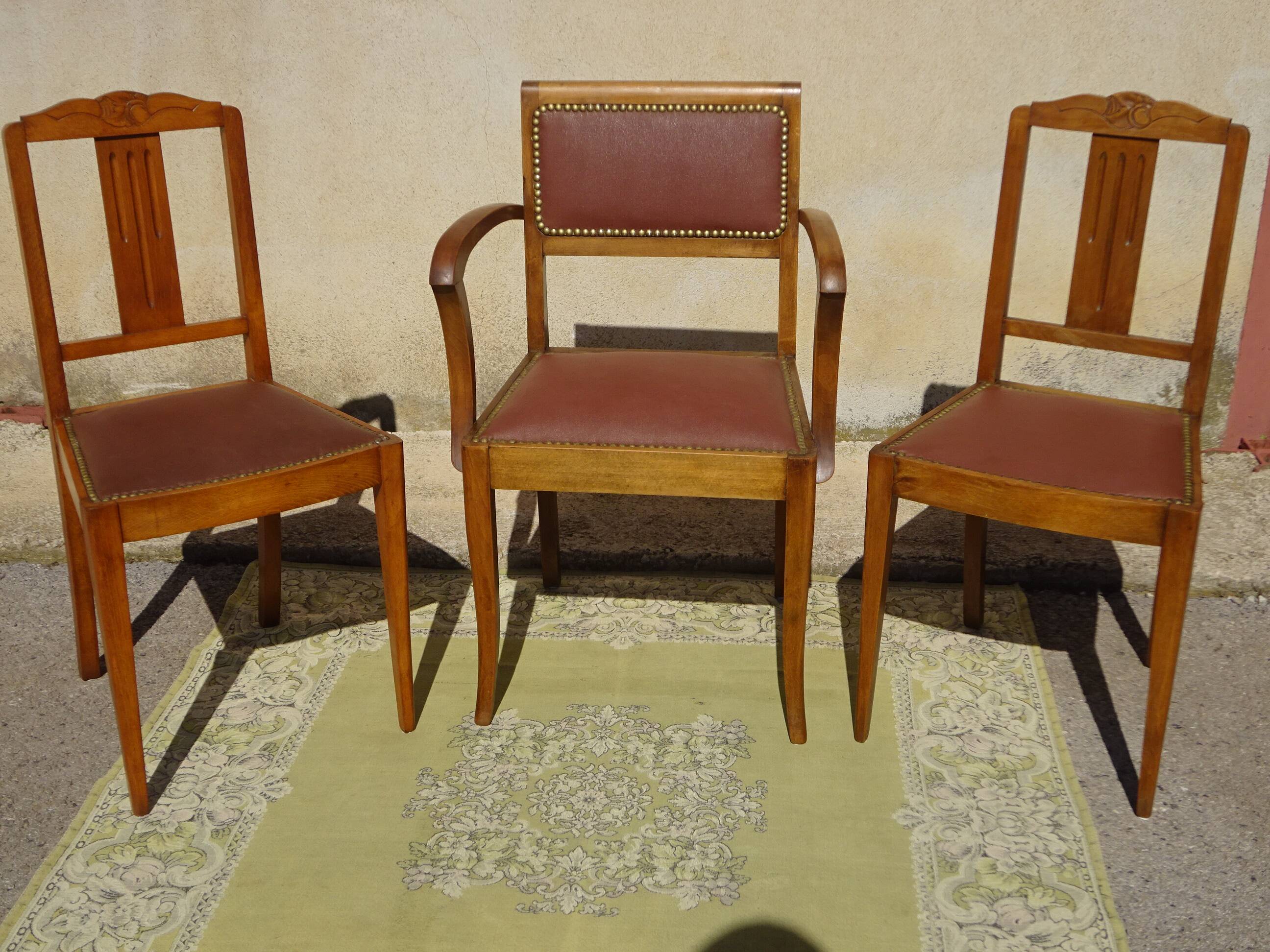 Matching set of 1 bridge armchair and 2 Art Deco chairs.