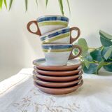 Vintage 1950s speckled stoneware coffee set with grey, green, and blue stripes