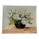 Oil painting on canvas of a bouquet of garden roses.