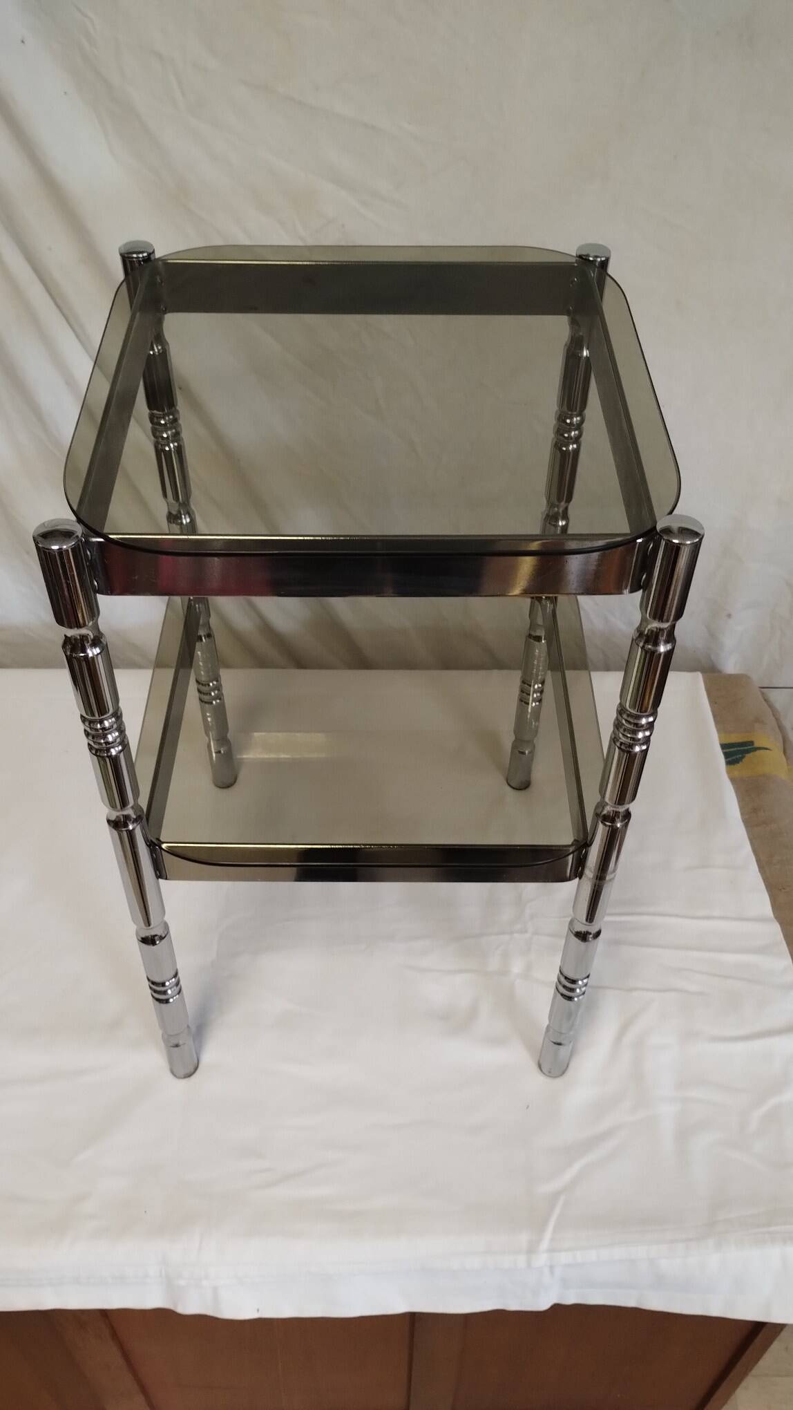 Bedside or side table in chromed steel with green smoked glass from the 70s