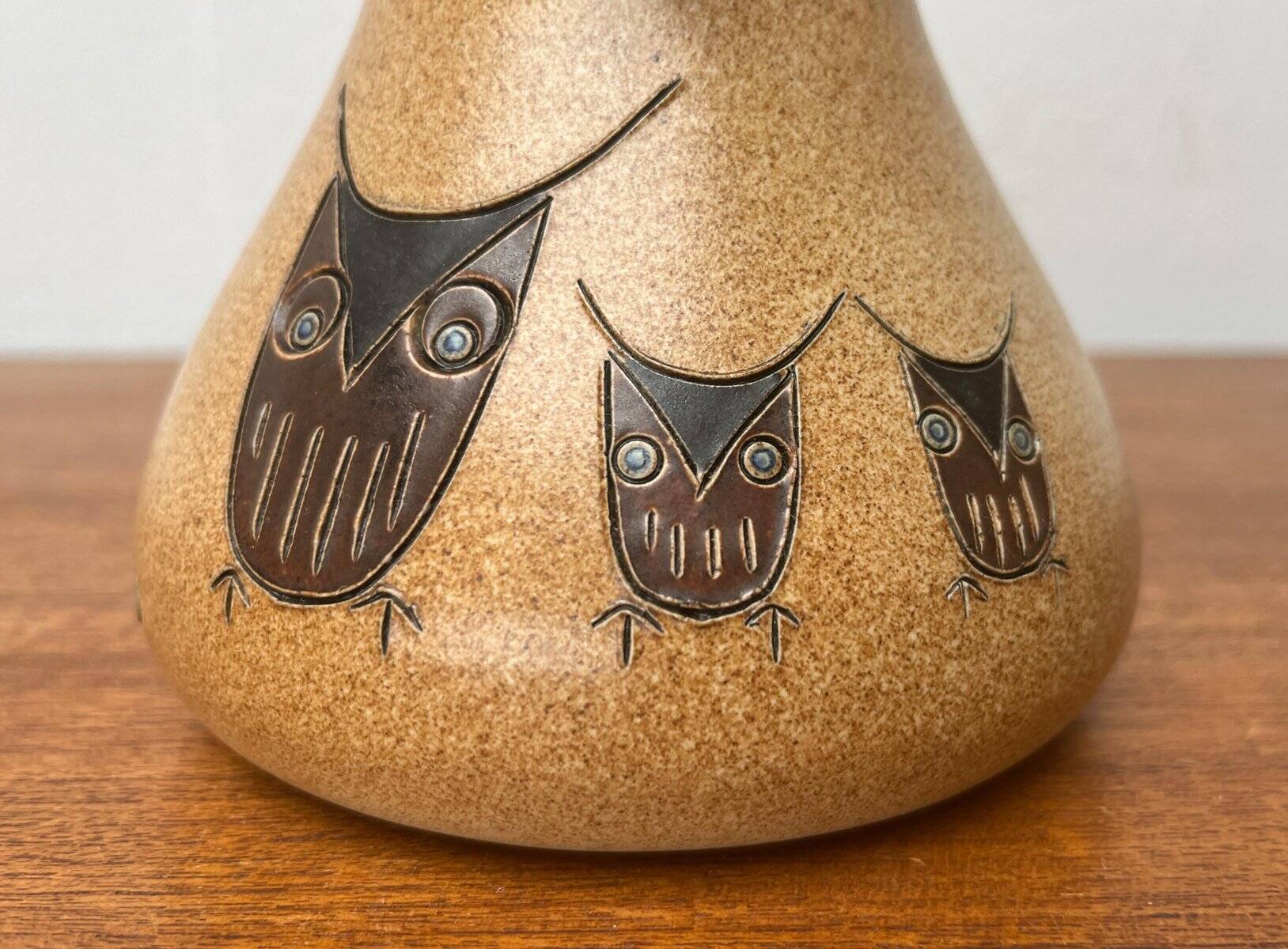 Mid-century German ceramic studio pitcher with owl motif by Heinz Theo Dietz, 1960s.