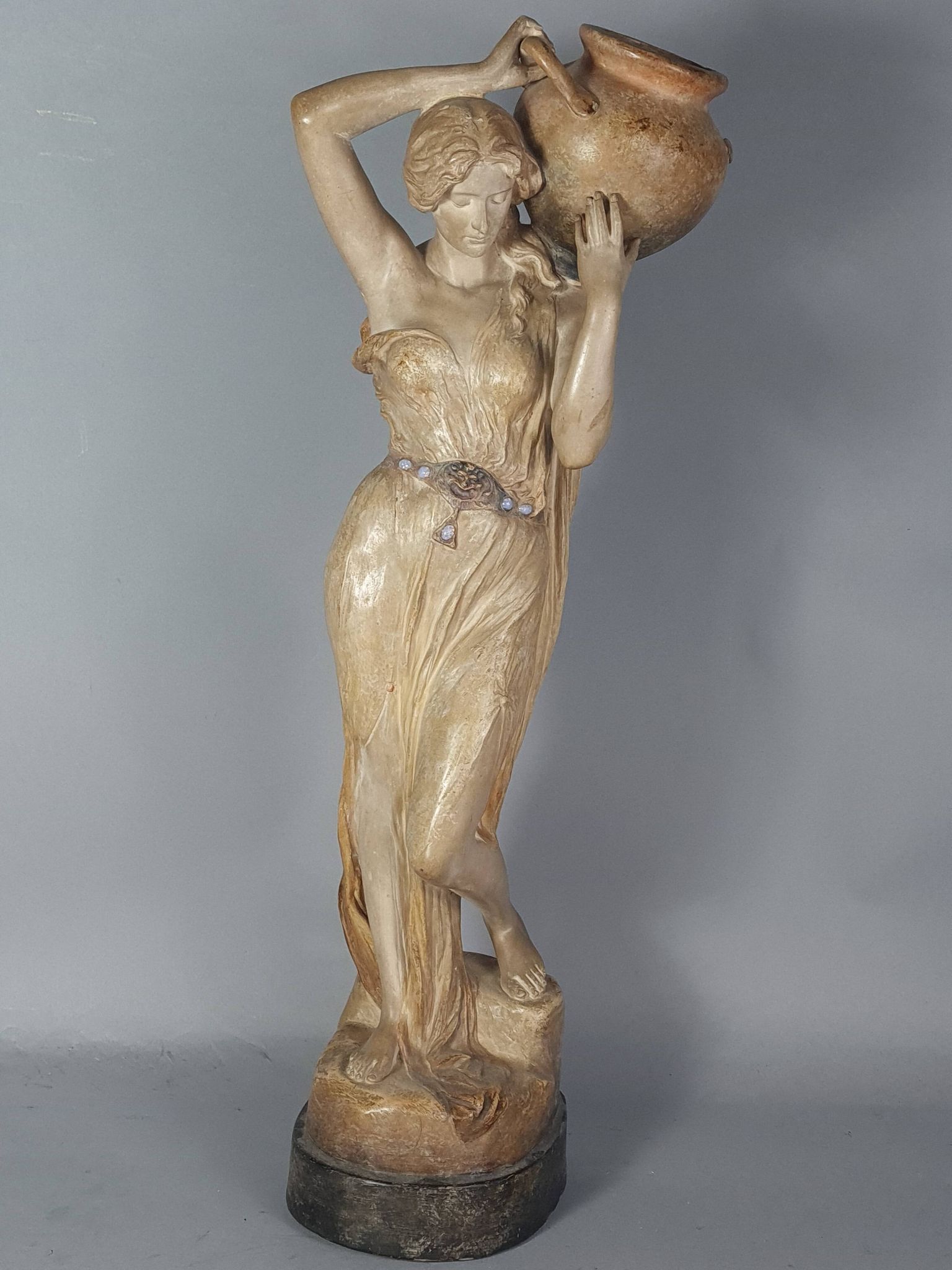 Ceramic sculpture Woman and opal belt jug Goldscheider circa 1900, 60 cm C155