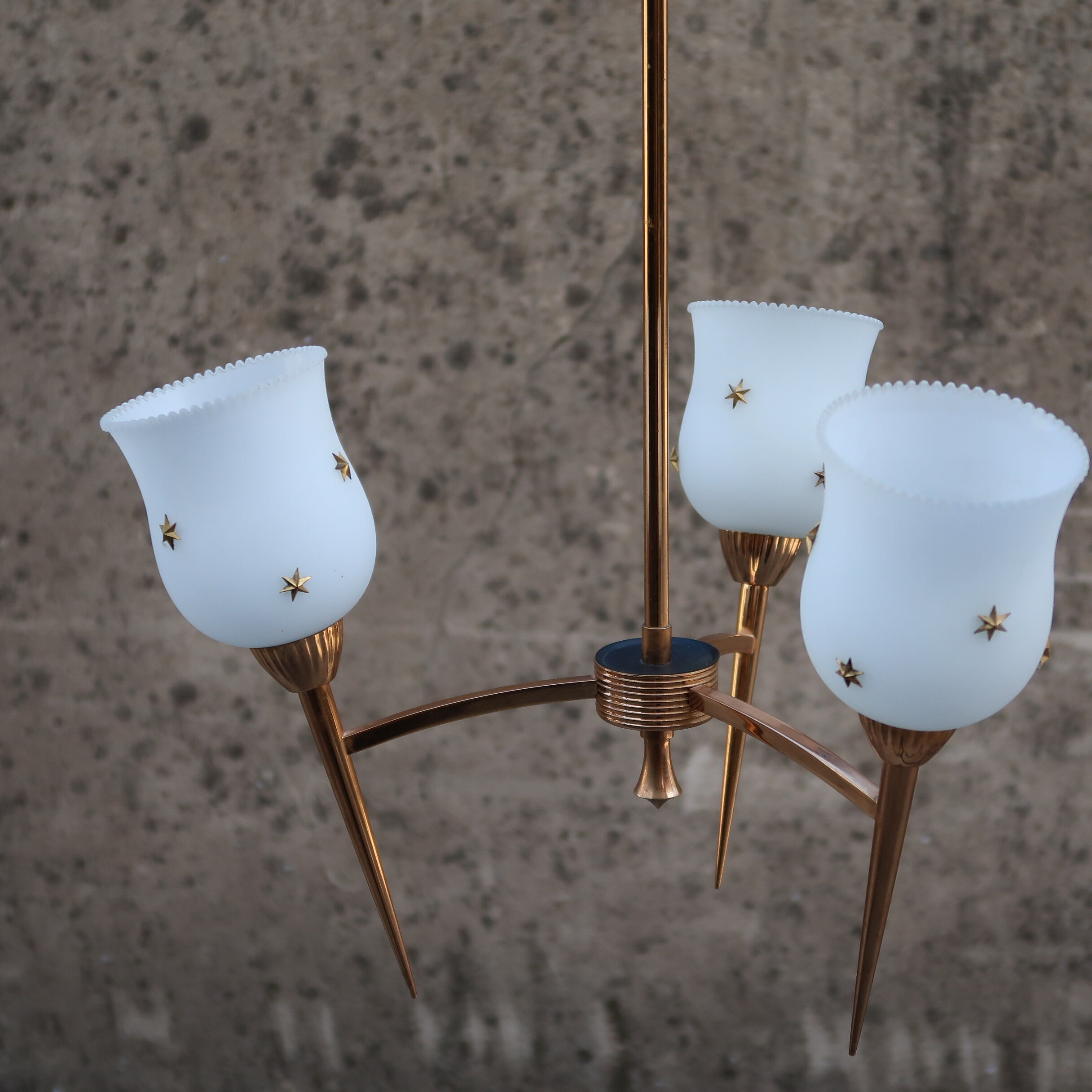 Golden glass chandelier, 3 lights and star-decorated