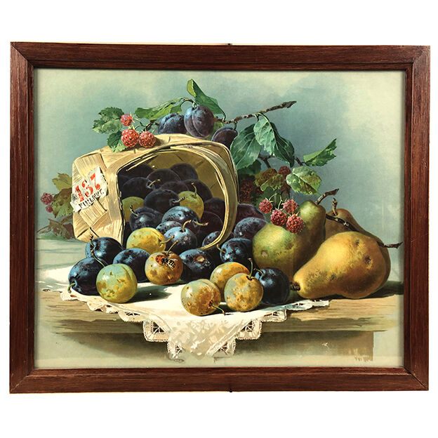 Still life with fruit, framed chromolithograph, under glass