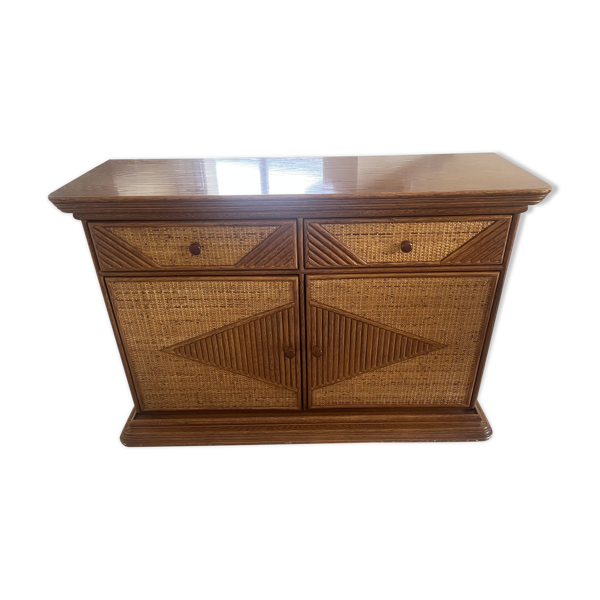 Buffet, commode vintage en rotin tressé style Riviera, années 70