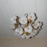 Ceiling light with opaline flowers and gilded metal