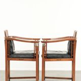 Black leather set of 2 Art Deco design dining/side chairs with armrests