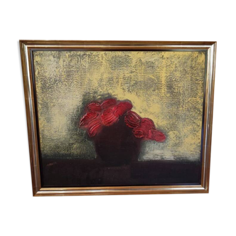 Large painting by Georges Hanskens called "red bouquet with ball vase"