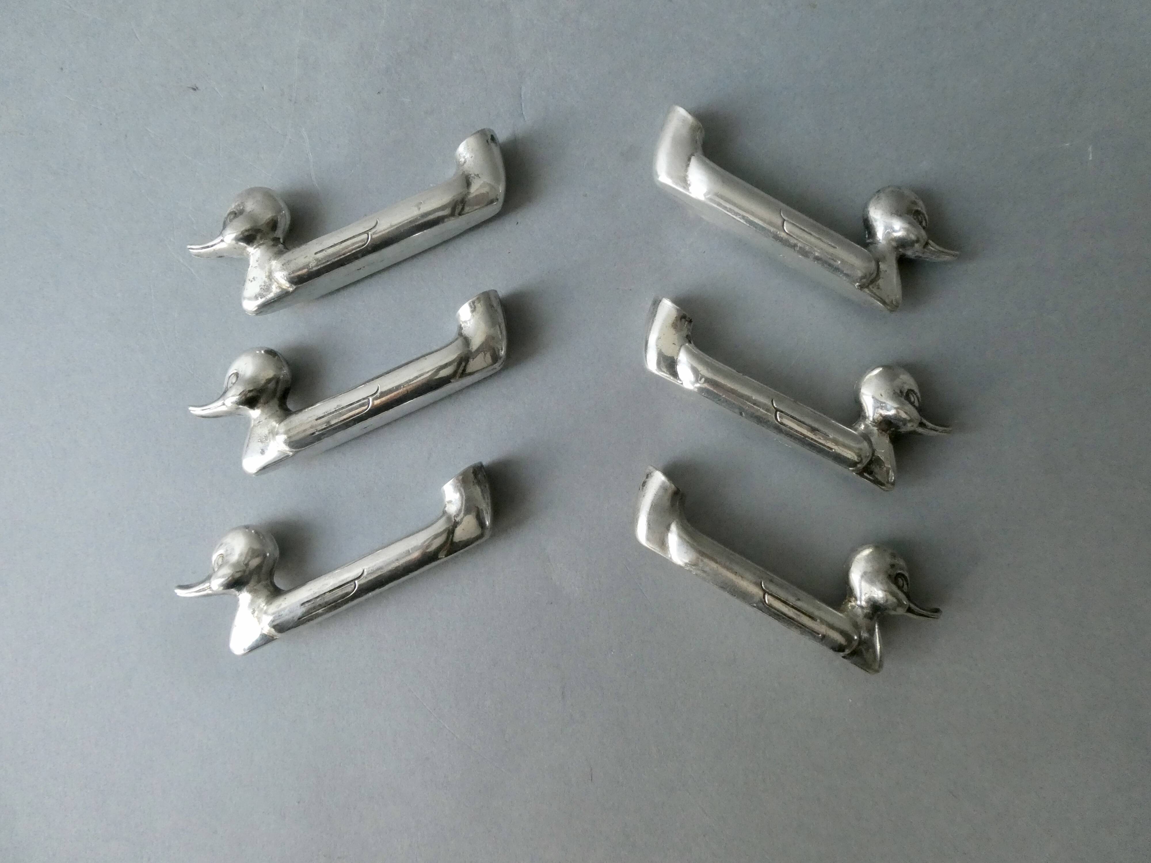 6 duck-shaped knife holders in silver metal with flower holder, Art Deco