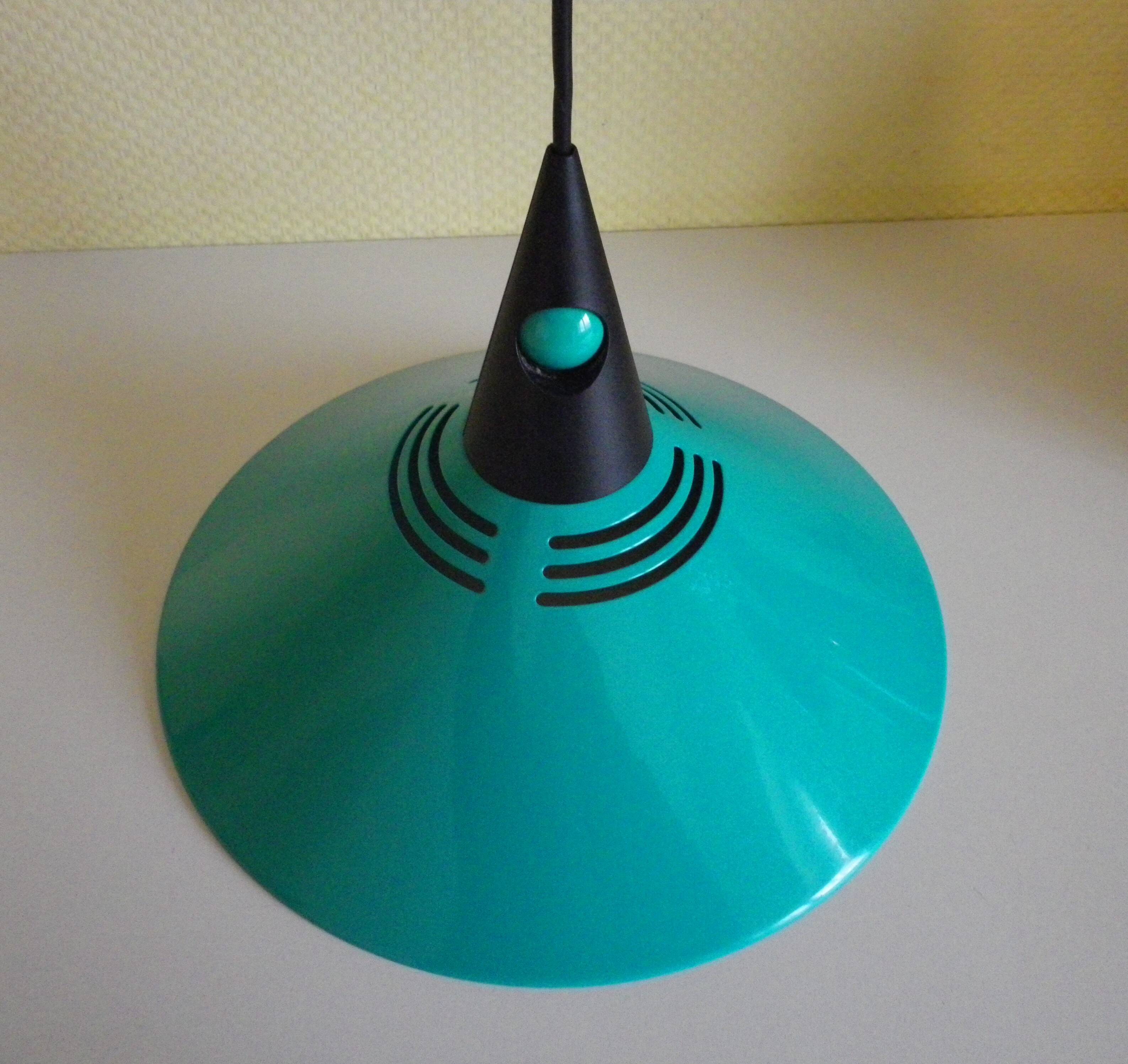 Emerald blue metal pendant light, Memphis style, space age -1980-