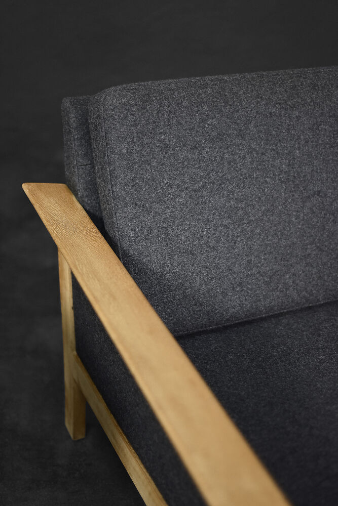 2 vintage oak and felt Danish chaise longues from the mid-century, 1960s.