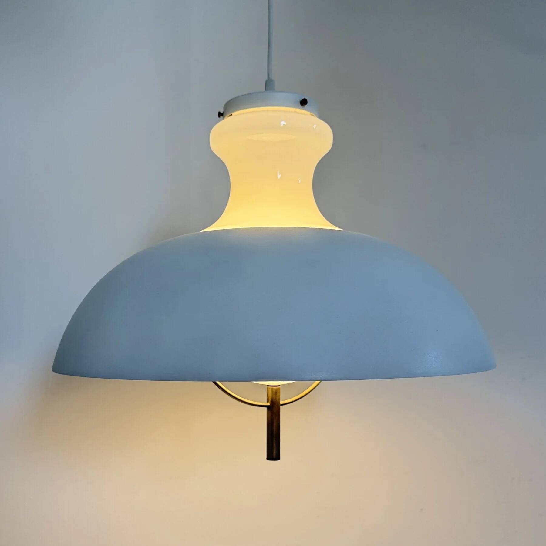 Vintage glass hanging lamp with metal shade minimalist design, 1970s