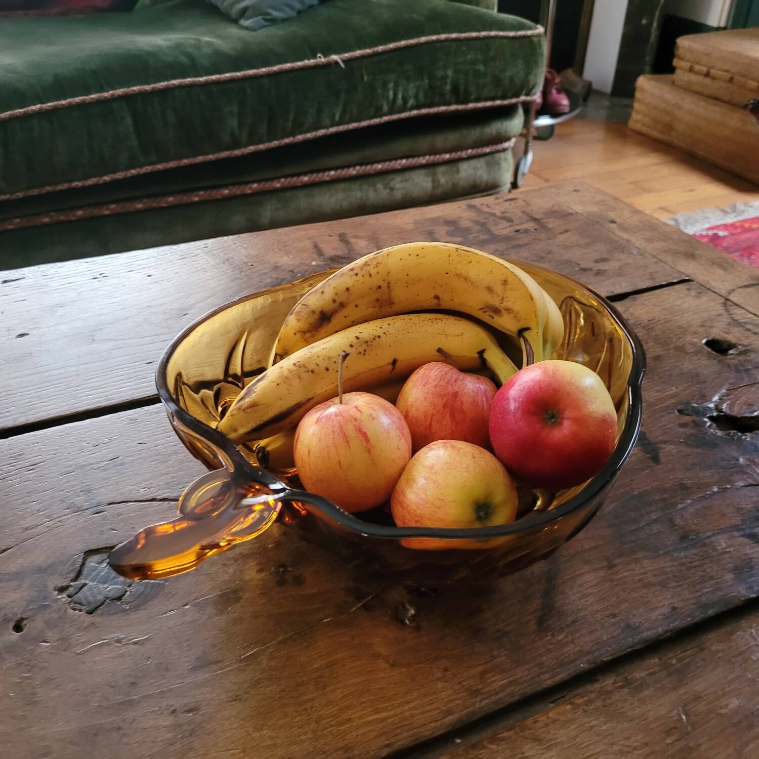 Vintage molded amber glass bowl – leaf and grape motif – years