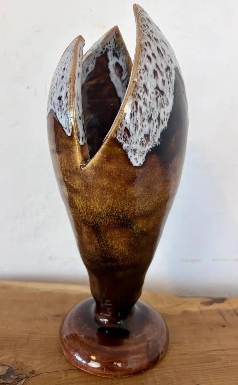 Vintage Mid-Century Modern Studio Pottery Tulip Lotus Bud Pedestal Vase - Earthen Brown & White Glaze