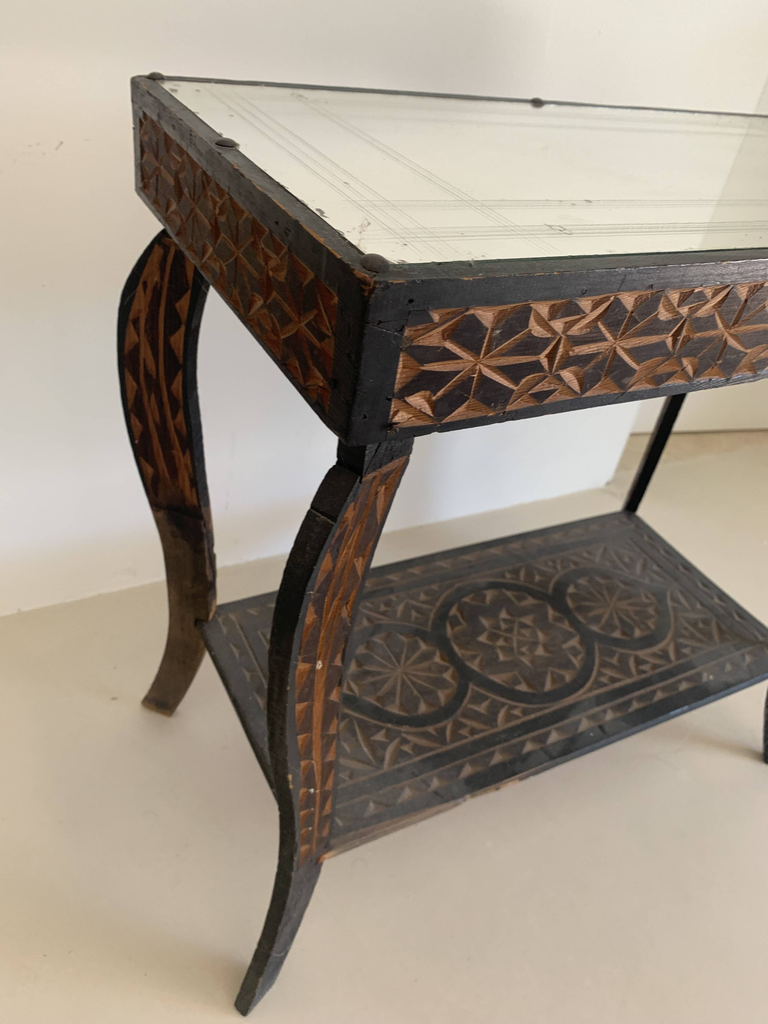 Guéridon vintage 1970 artisanat fait main miroir oriental - 60 x 30 cm