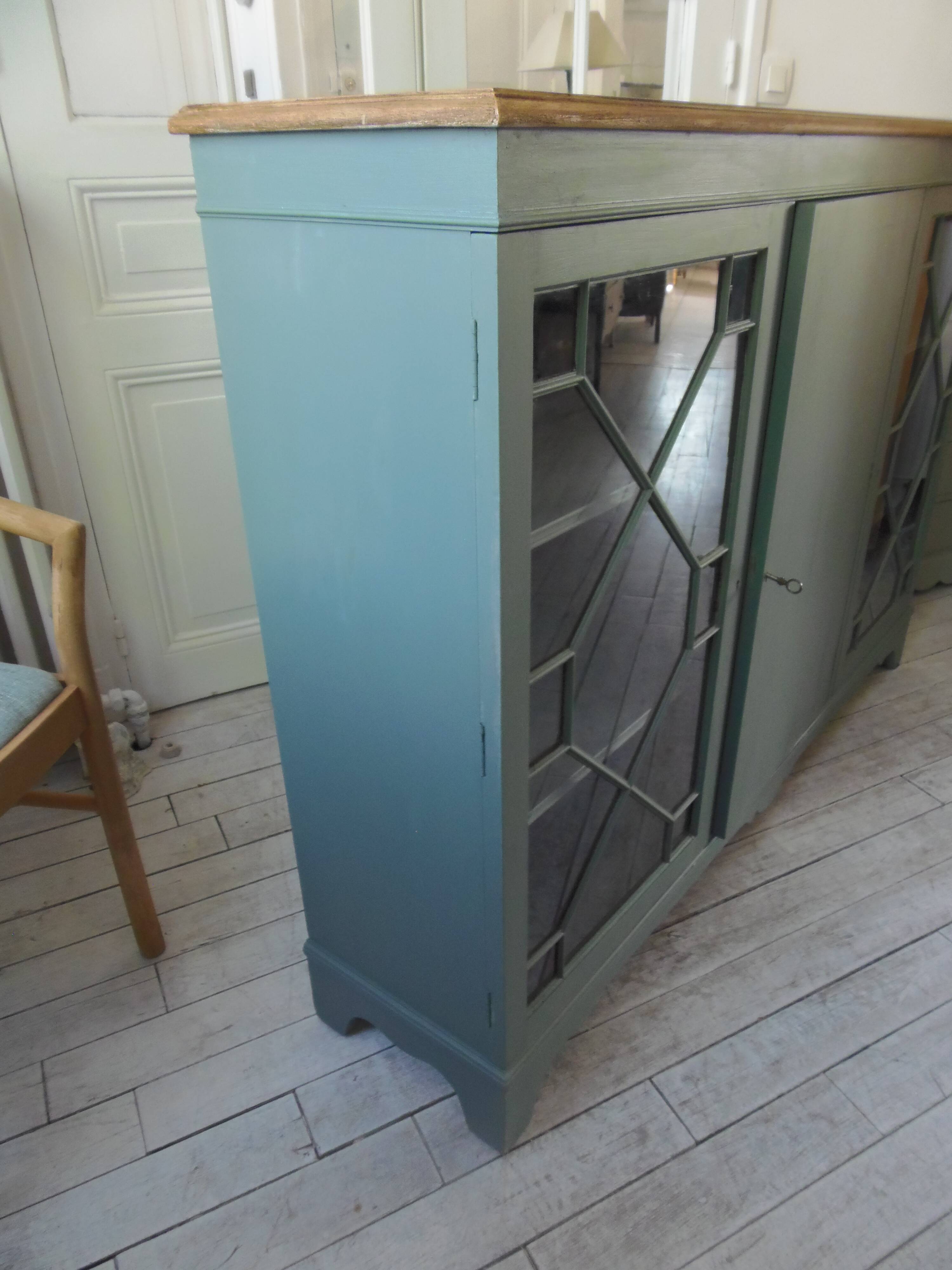 English sideboard, shallow, smoky green, wooden top.