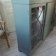 English sideboard, shallow, smoky green, wooden top.