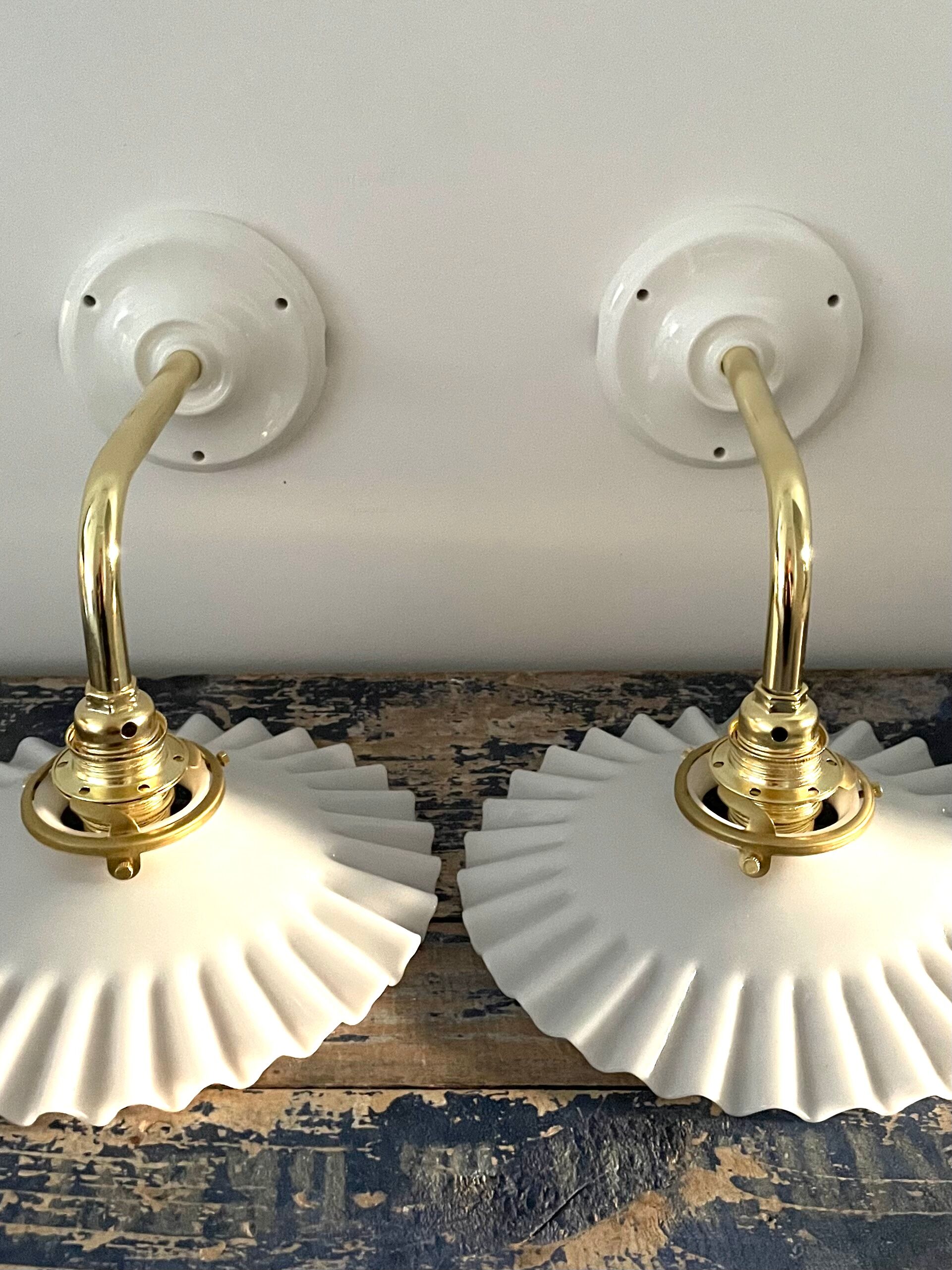 Set of two vintage white opaline wall lamps electrified to nine