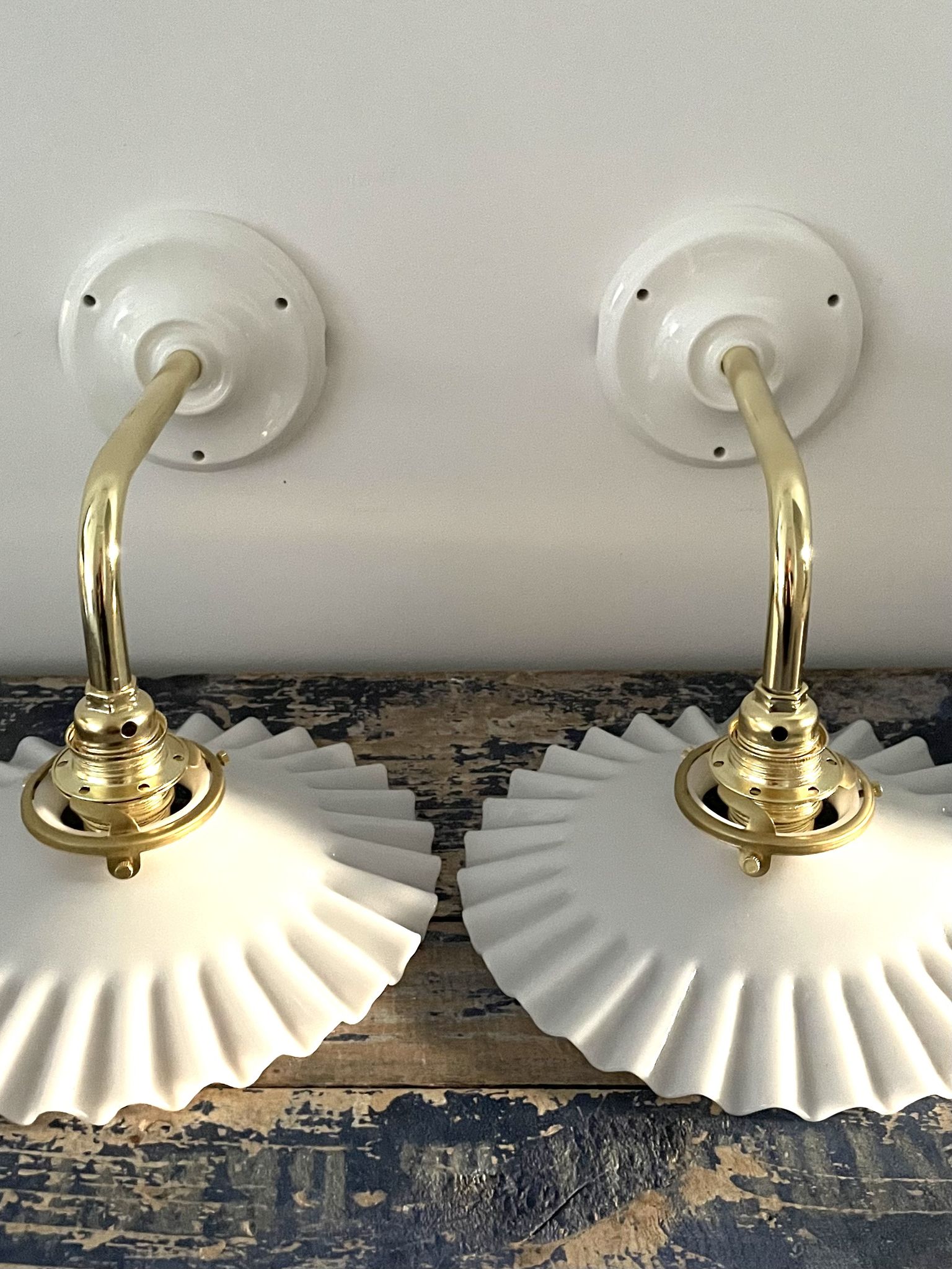 Set of two vintage white opaline wall lamps electrified to nine