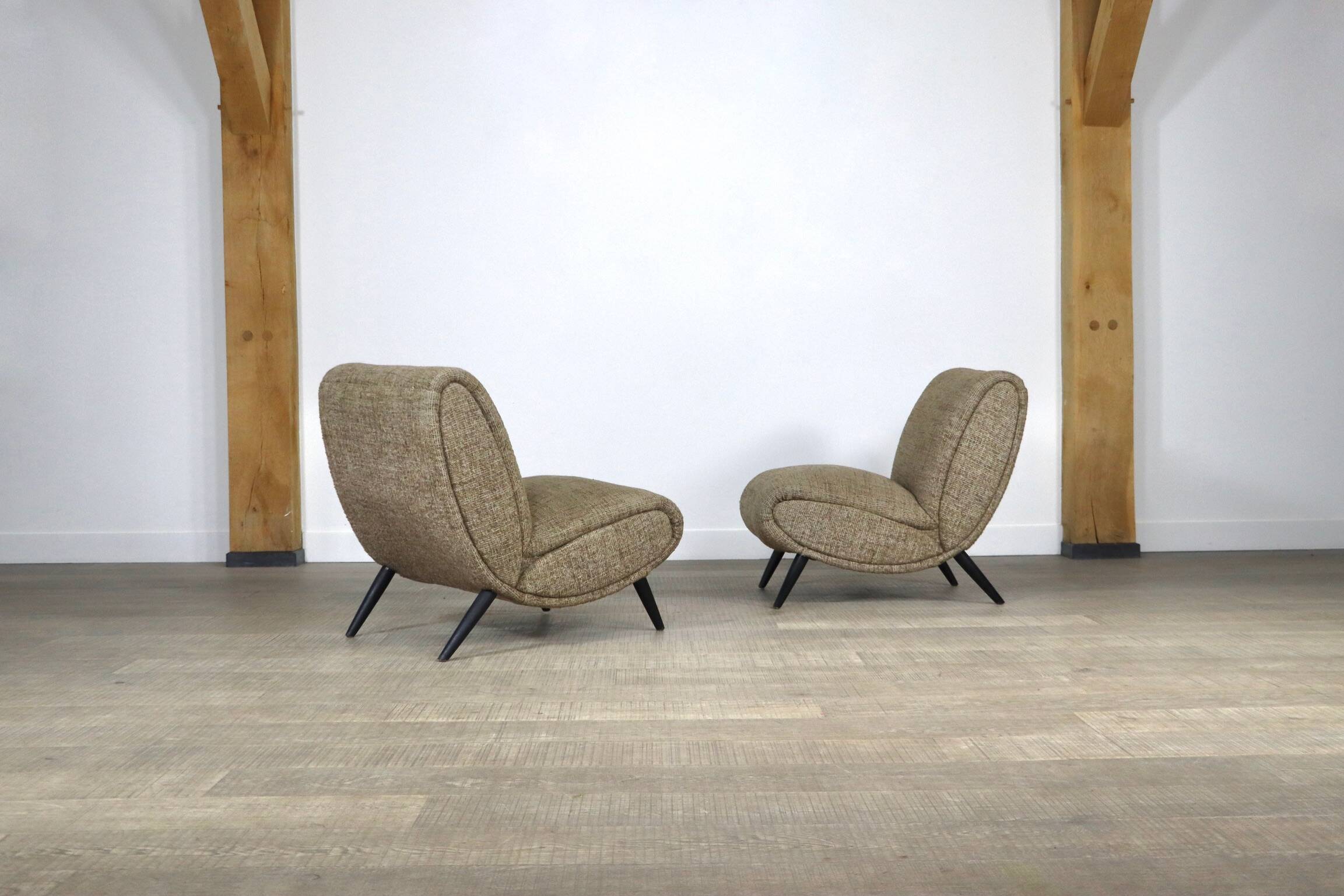 Pair Of Norman Bel Geddes Armchairs In Birch Wood & Original Wool Fabric, 1950s