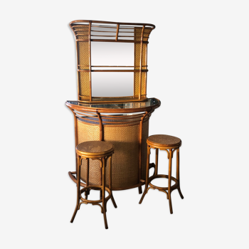 Bar, display case and rattan stools