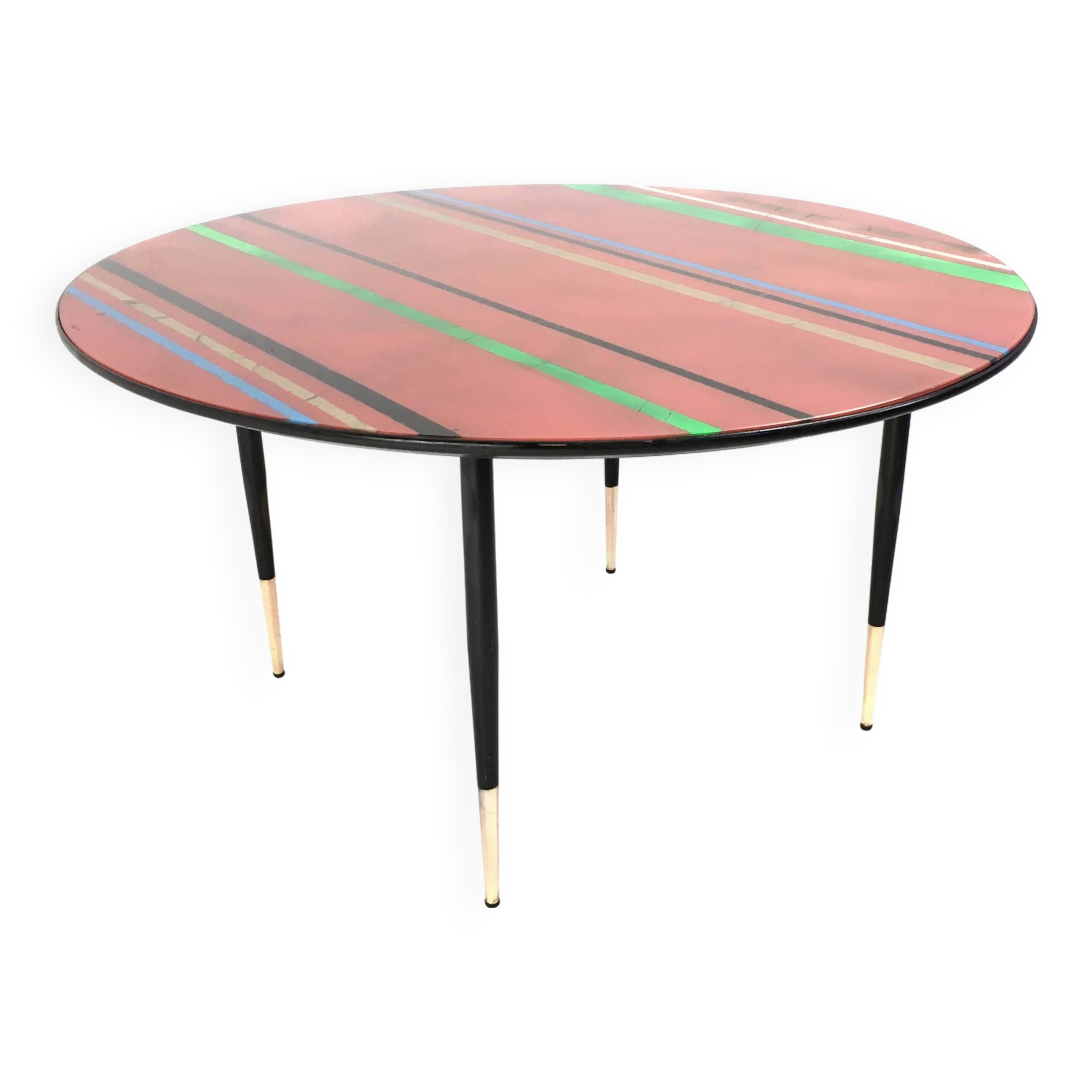 Vintage Round Coffee Table with a Red Striped Glass Top, Italy