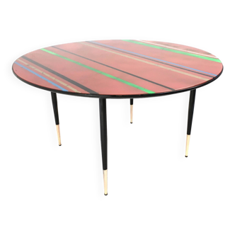 Table basse ronde vintage avec plateau en verre rayé rouge, Italie