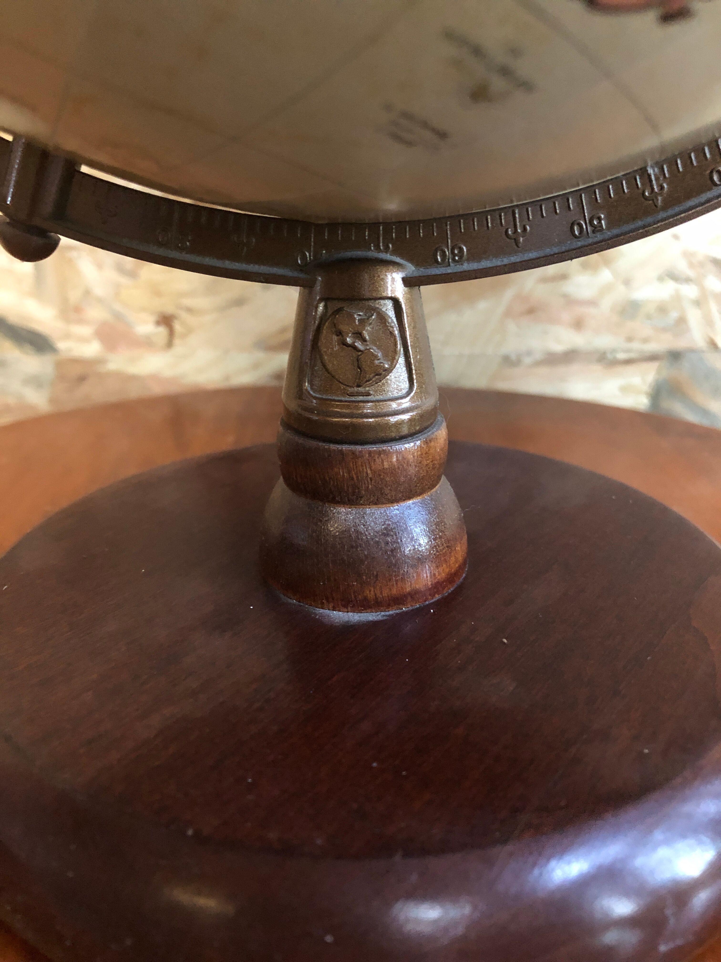 Old globe world map with arch + vintage wood base