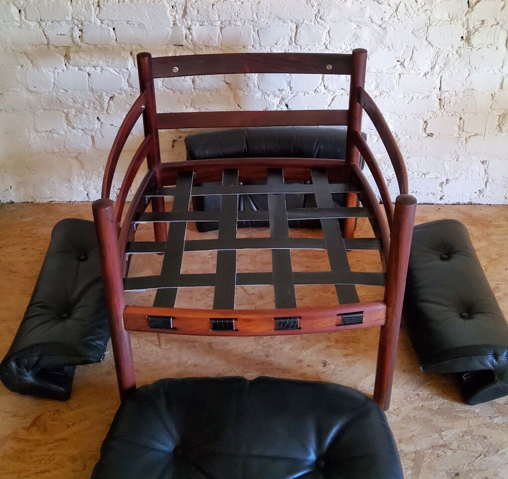 Armchair with vintage ottoman in black leather by Sven Ellekaer for Coja, 1970