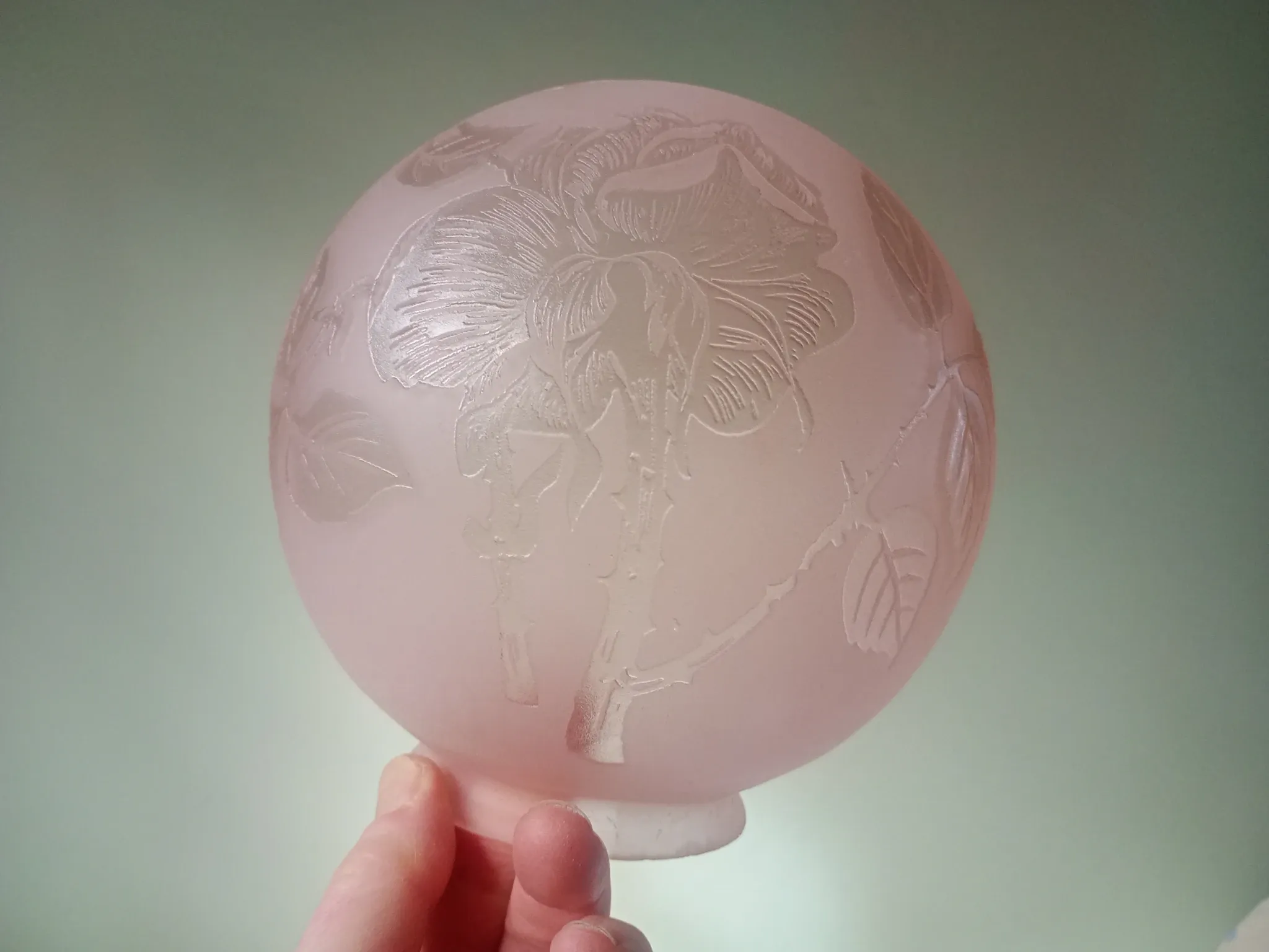 Sprat - frosted pink glass globe with pink flowers for chandelier lamp circa 1920