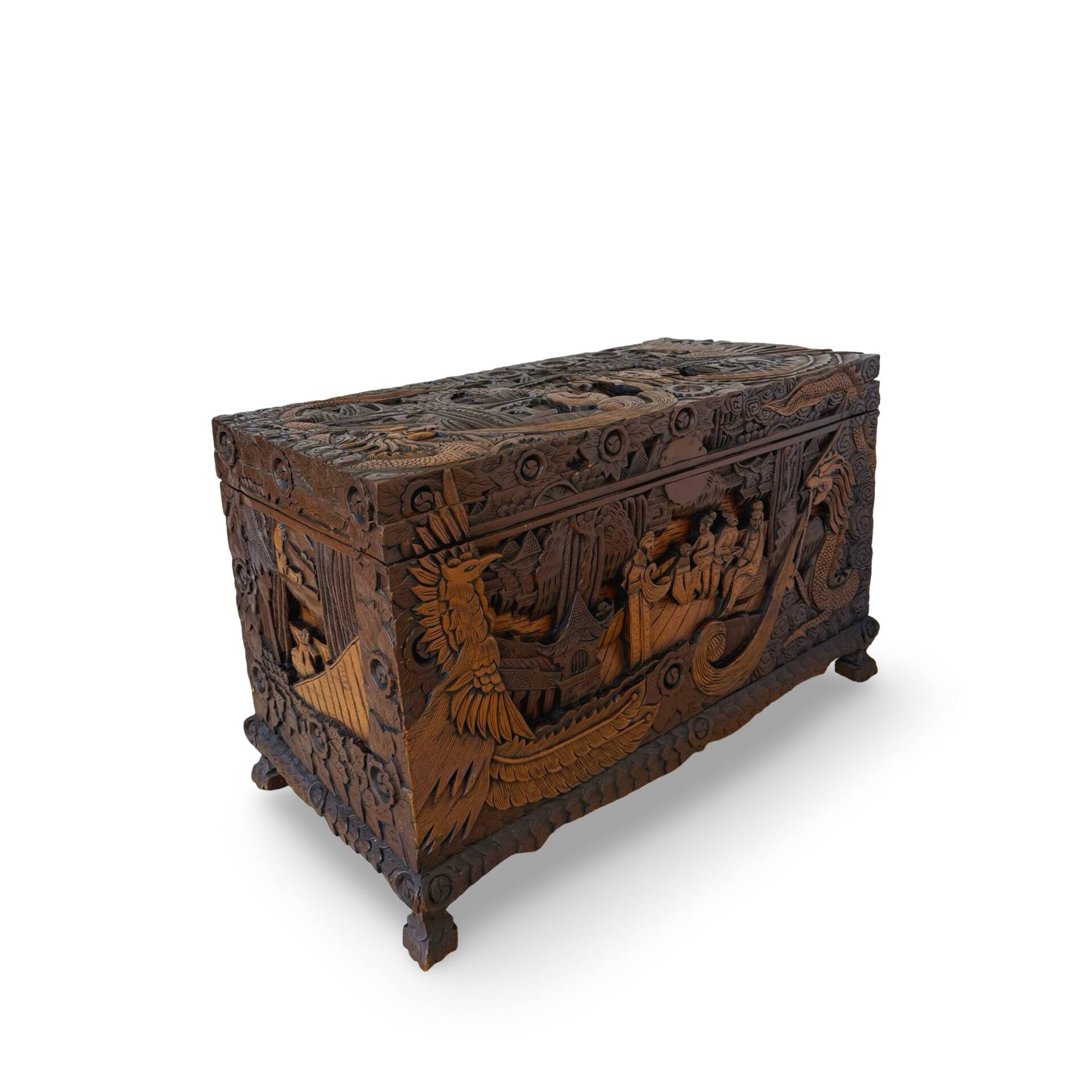 Antique Chinese Carved Export Chest – Dragon, Phoenix & Landscape Deco