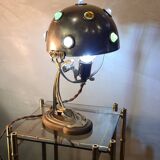 Lampe de table 1900 laiton cuivre ancienne a cabochon en verre  35x24