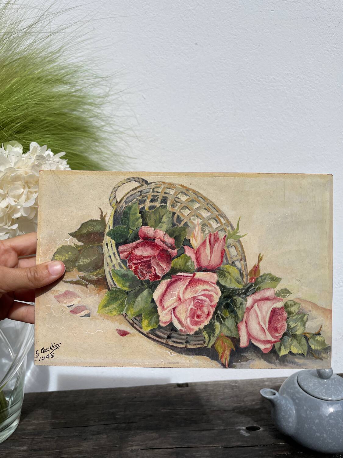Painting basket of roses bouquet 1945 signed