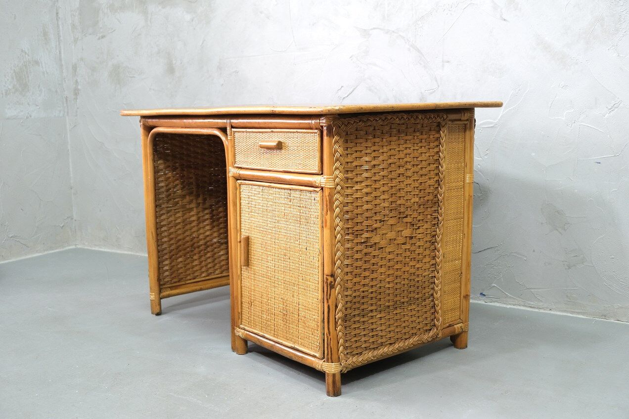 Mid-century italian bamboo, rattan and teak desk, 1960s