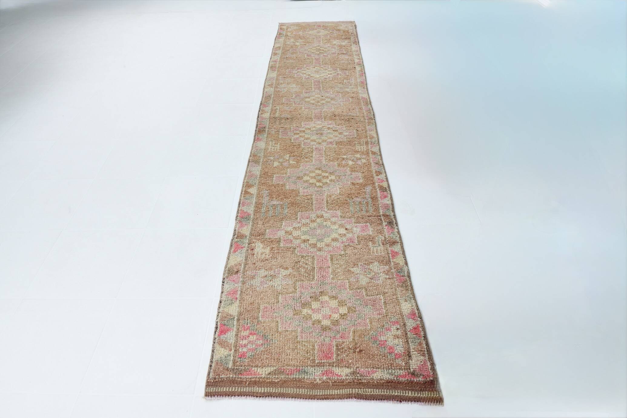 Turkish Pink & Brown Vintage Runner Rug, 78x371Cm