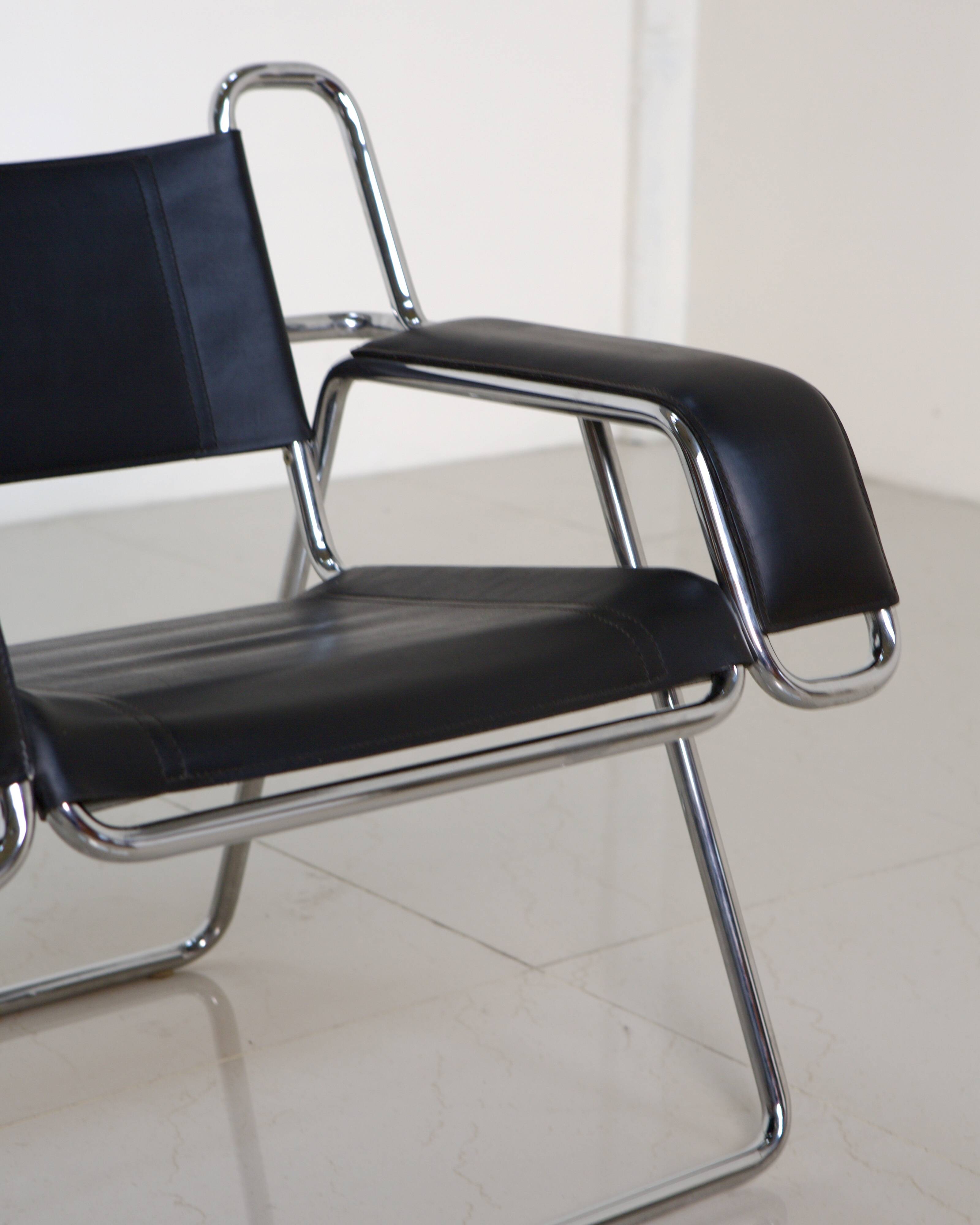 Metal and black leather armchair by Gastone Rinaldi for Thema 80's