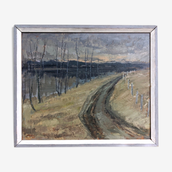 Vintage mid-century modern "river road" swedish expressionist landscape oil painting, framed