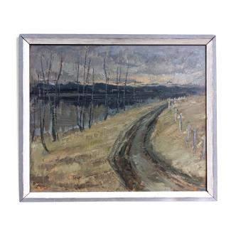 Vintage mid-century modern "river road" swedish expressionist landscape oil painting, framed