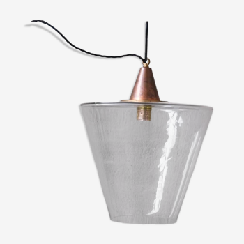 Lampe à Suspension Conique Mid-Century en Verre Transparent en Cuivre