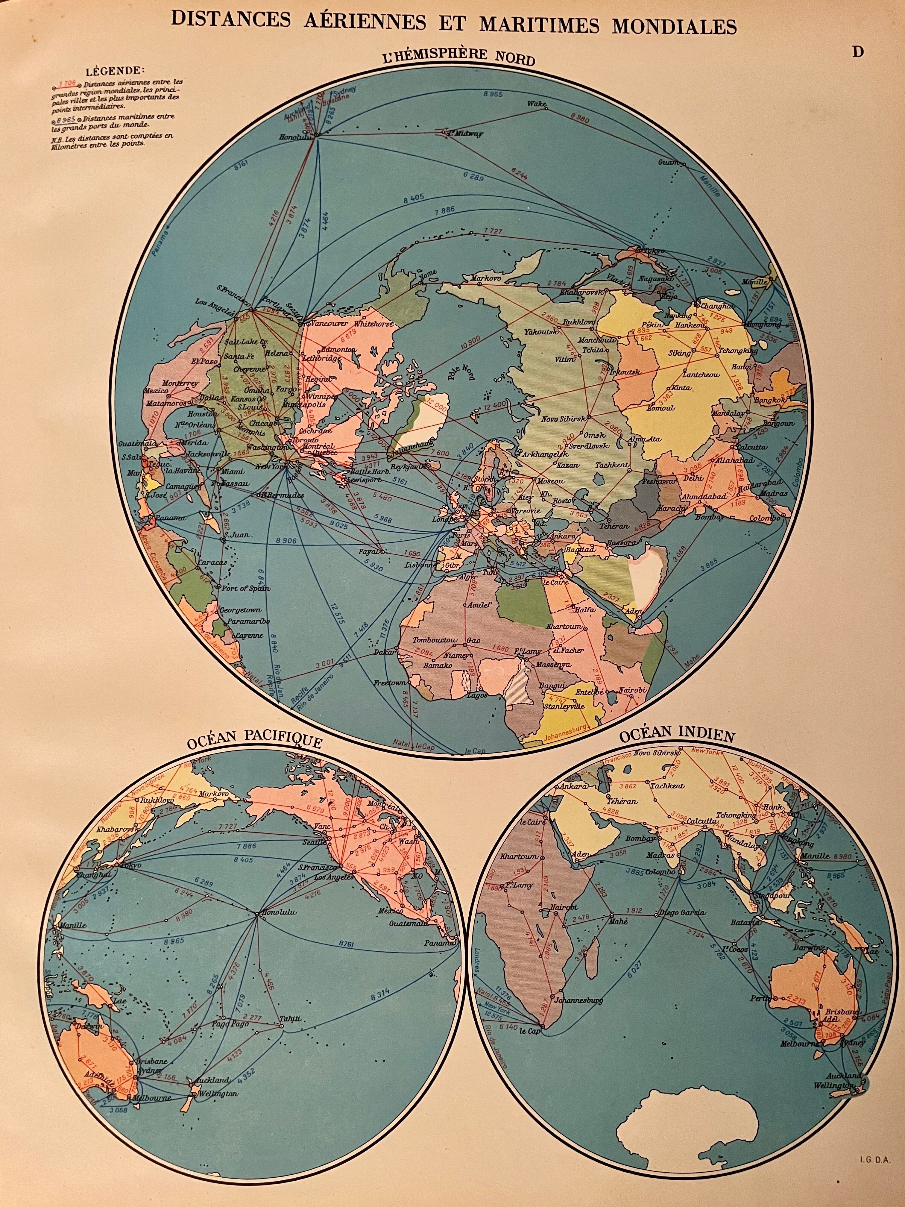 Lithographie ancienne mappemonde de 1951 (grand format)