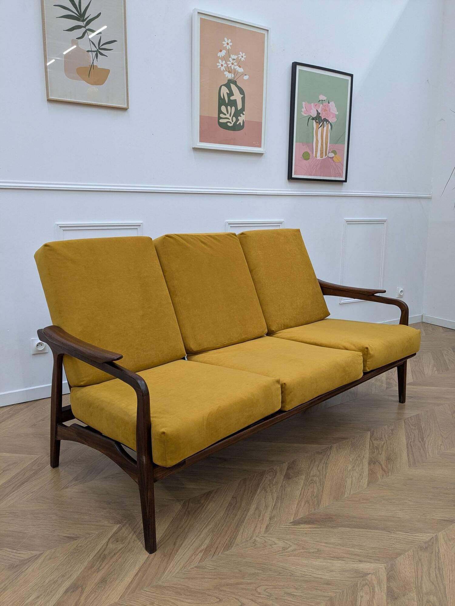 Second-hand Danish teak canapé, reupholstered in yellow, 1960s.