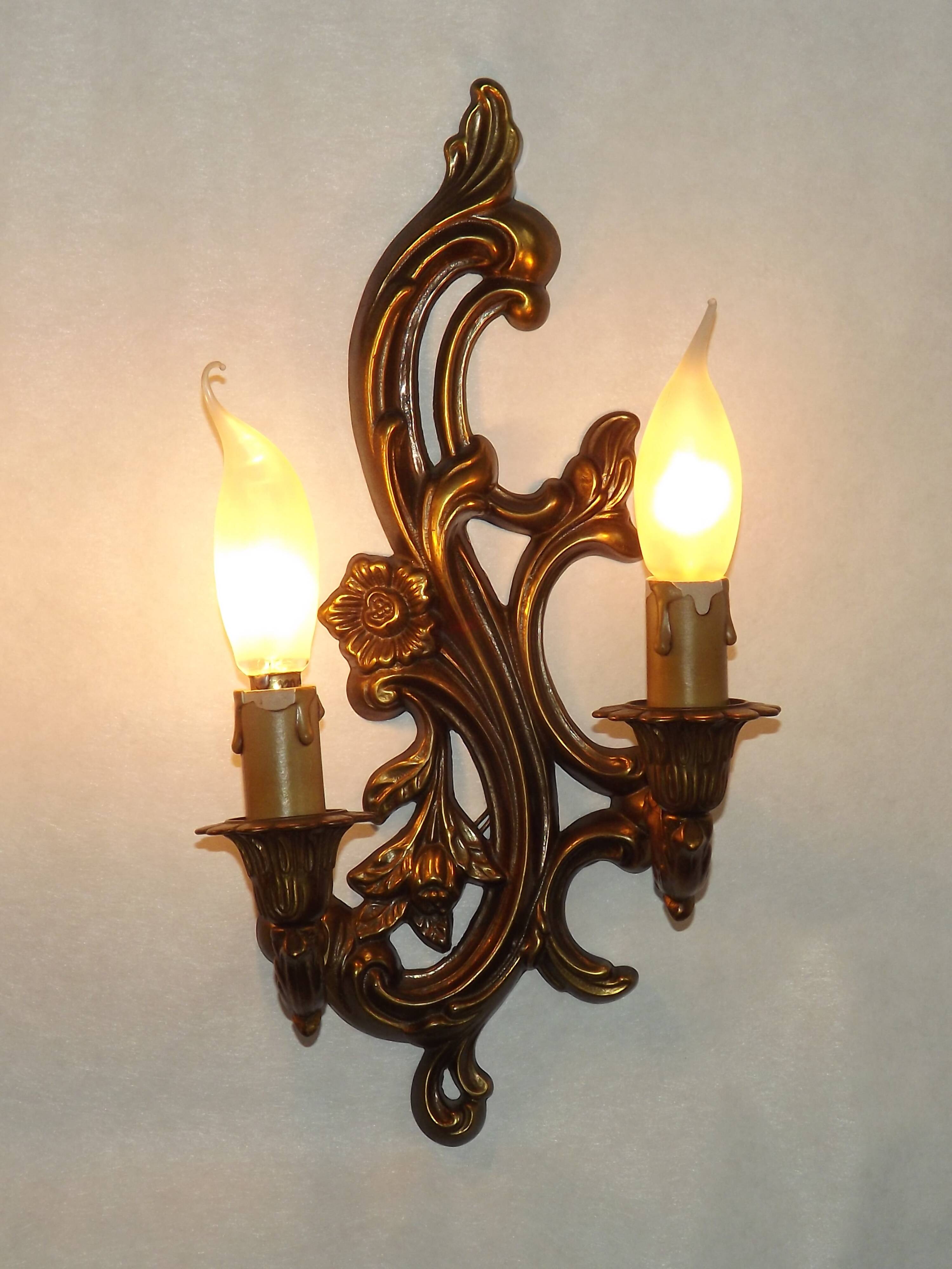 Pair Vintage French Bronze Double Wall Lights Acanthus Leaf & Flower Detail