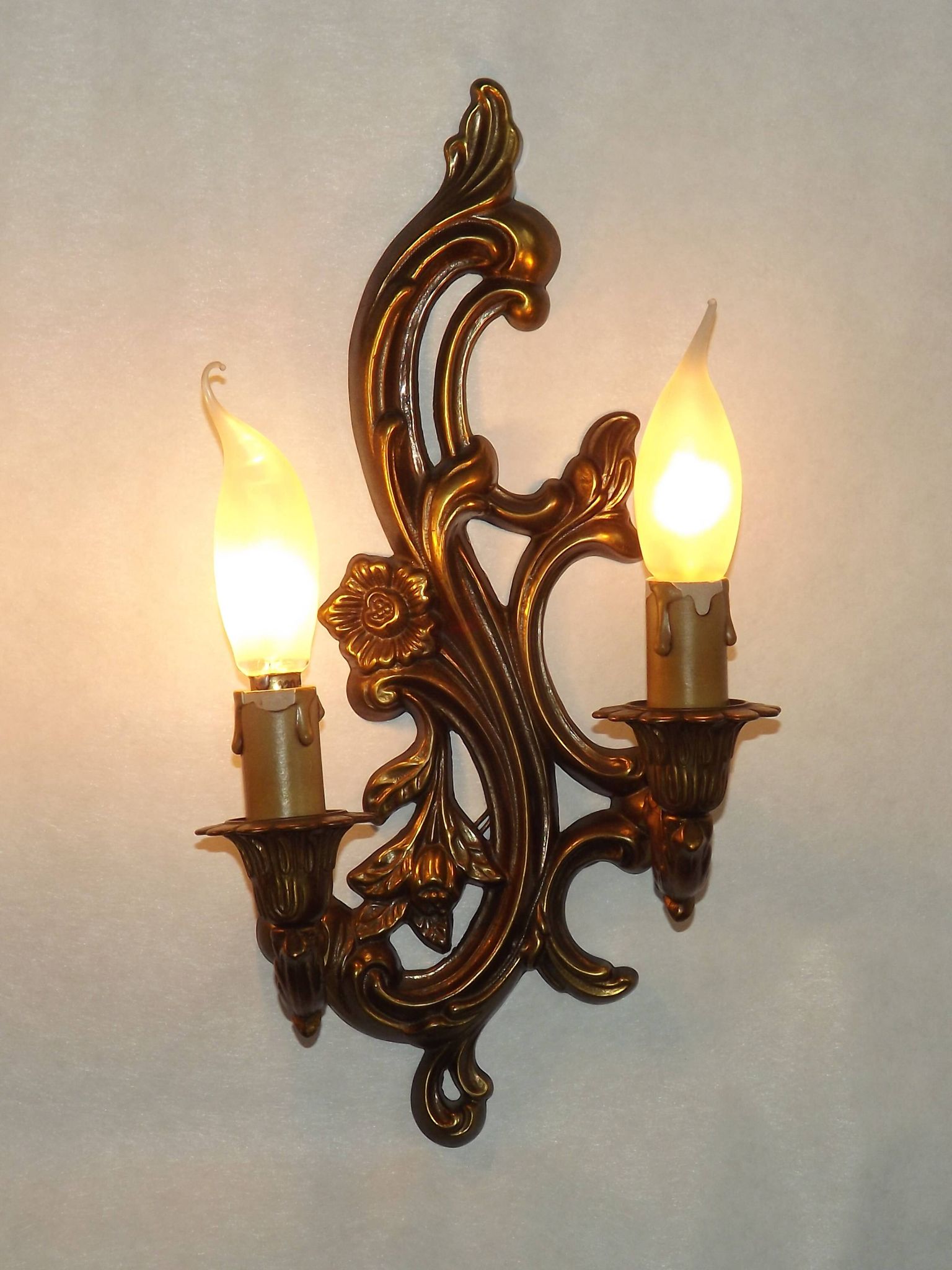 Pair Vintage French Bronze Double Wall Lights Acanthus Leaf & Flower Detail
