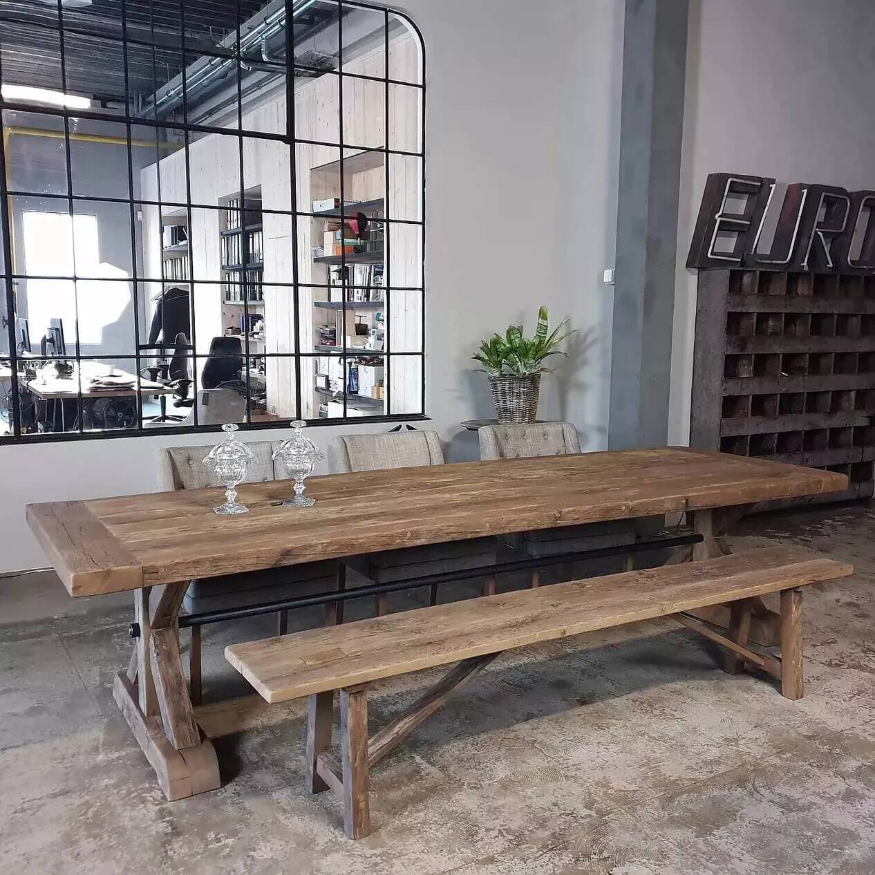 Antique solid oak table with farmhouse style star legs - length