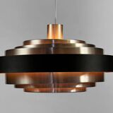 Multi layered "space age" pendant light in brushed aluminium with red light effect. Denmark 1960s