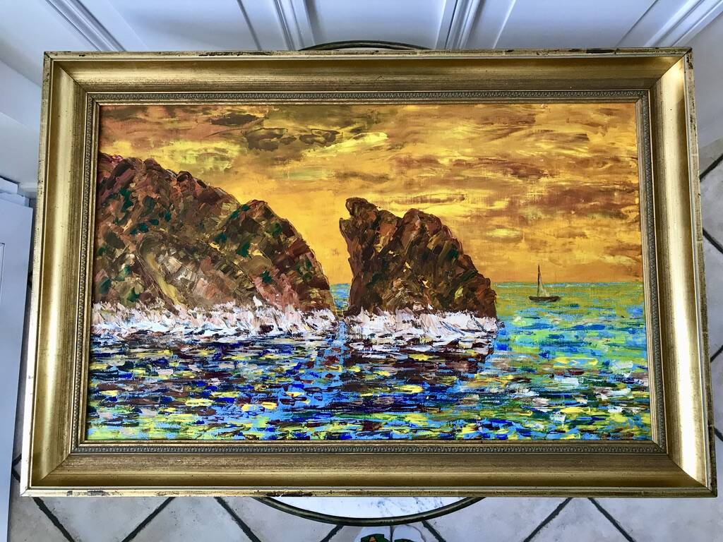 Oil painting on canvas landscape sunset framed vintage