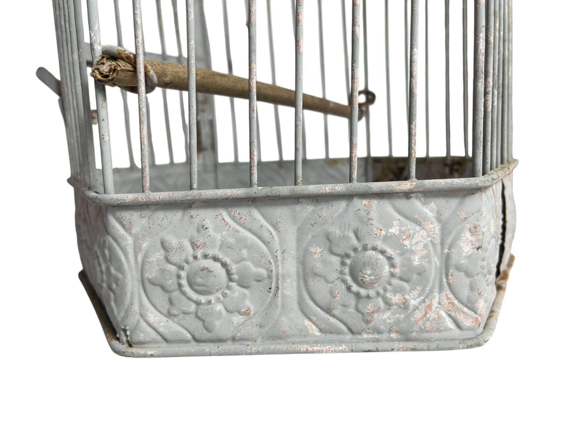Vintage hexagonal metal birdcage from around 1940.