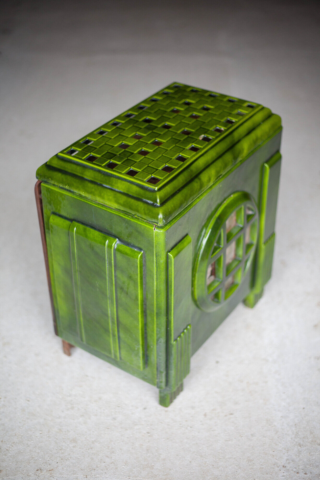 Art deco wood stove, green enamelled wood stove, interior decoration