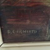 Oil on panel: still life with a bouquet of flowers on a bed