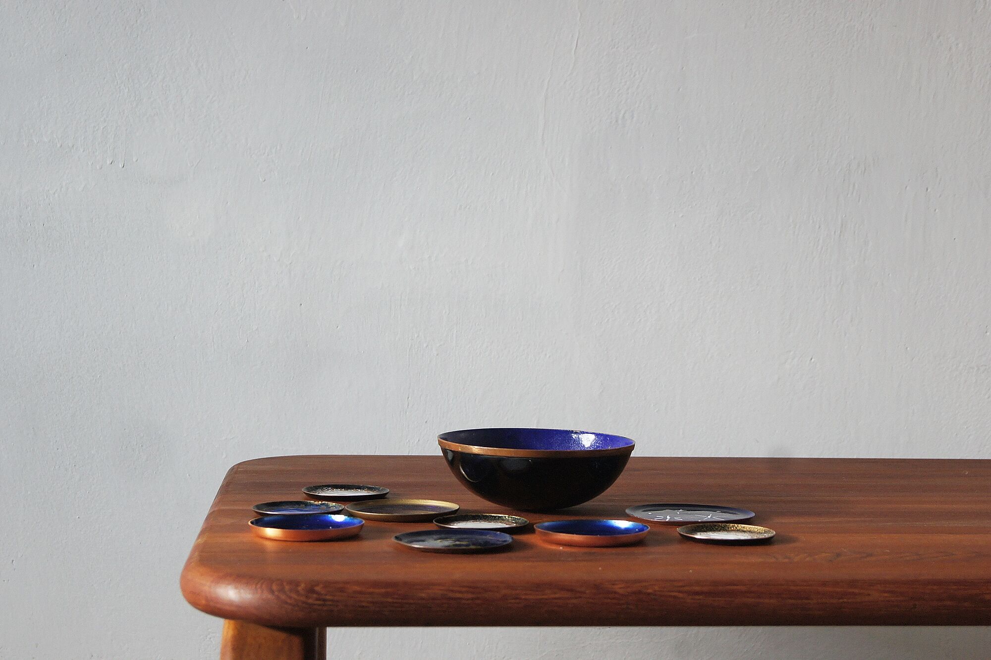 Vintage brass & enameled plates, set of 10